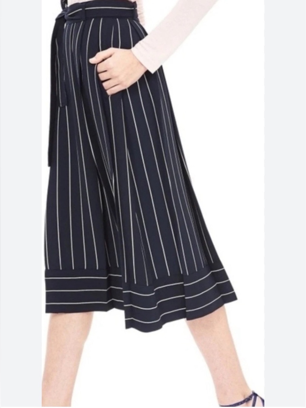 Striped Navy Midi Skirt with Belt